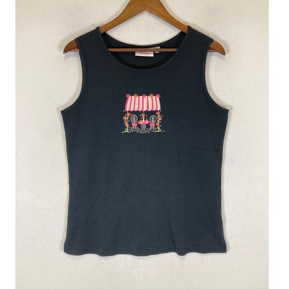 Whimsical Vintage Quacker Factory Med Black Cafe Embroidered Rhinestone Tank Top
